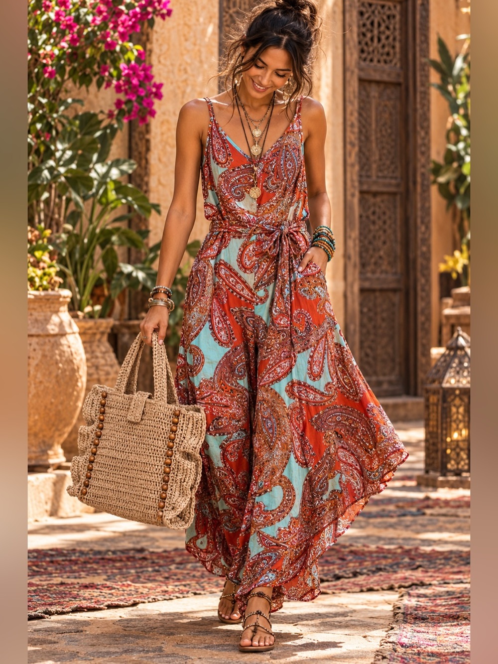 Bohemian Paisley Wrap Jumpsuit in Terracotta & Aqua BAG ALSO FOR SALE ❤️